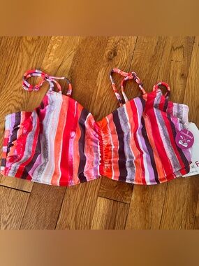 Freya Striped Convertible Bikini Top - Red, Pink, Orange in 32DDD